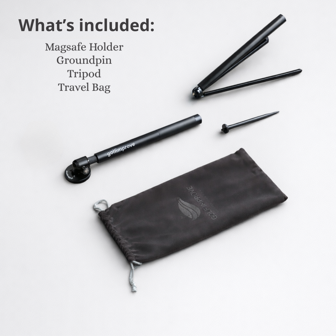What's included with the Golfimprove stand: MagSafe holder, ground pin, tripod and travel bag